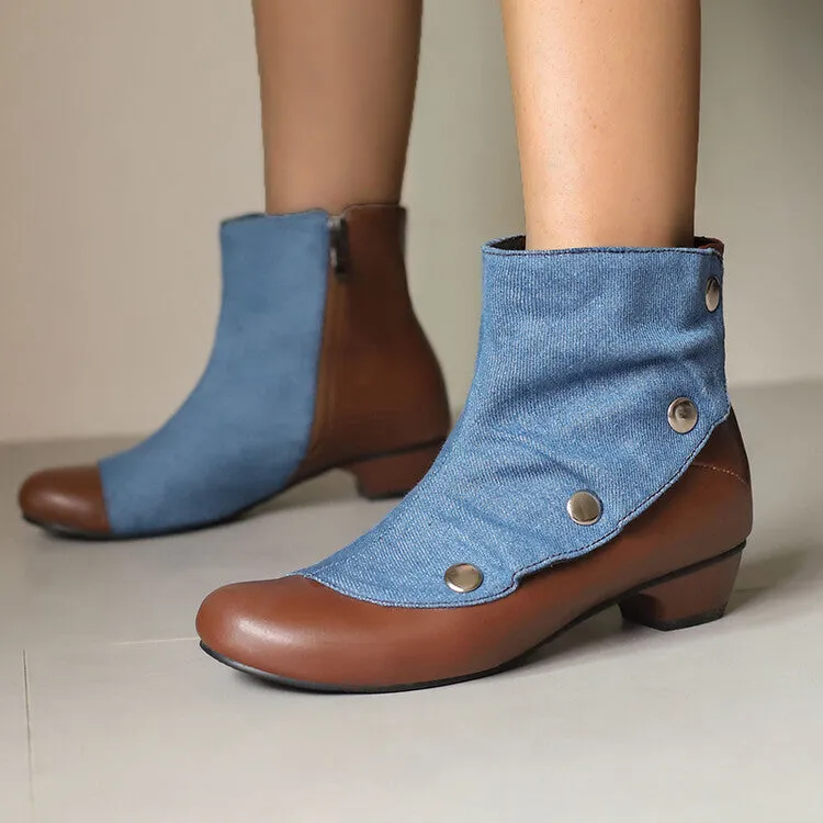 Women's Patchwork Rivets Round Toe Block Heel Ankle Boots