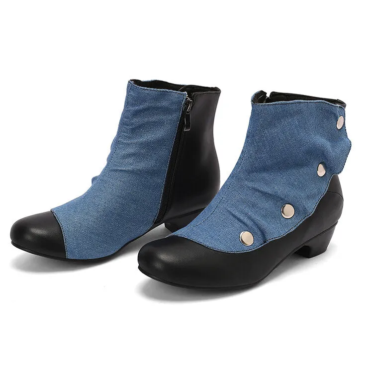 Women's Patchwork Rivets Round Toe Block Heel Ankle Boots