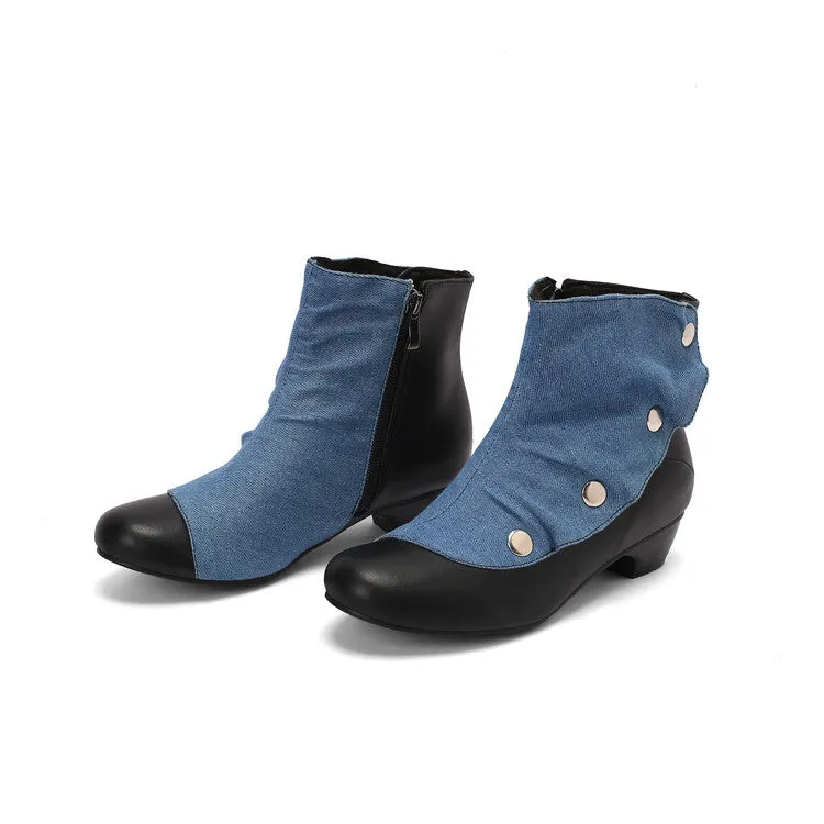 Women's Patchwork Rivets Round Toe Block Heel Ankle Boots