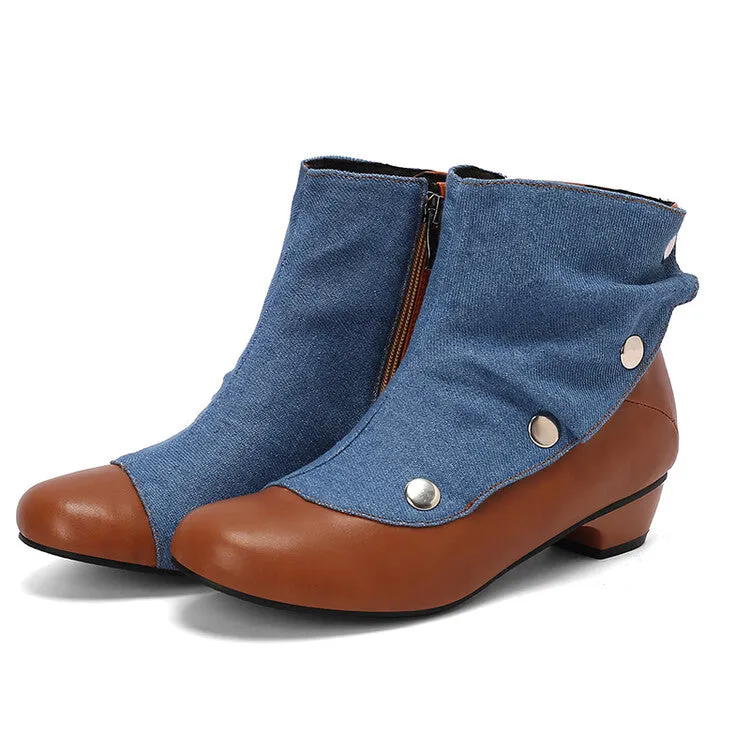 Women's Patchwork Rivets Round Toe Block Heel Ankle Boots
