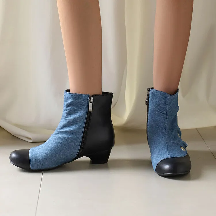 Women's Patchwork Rivets Round Toe Block Heel Ankle Boots