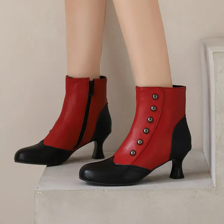 Women's Patchwork Rivets Round Toe Hoof Heel Ankle Boots