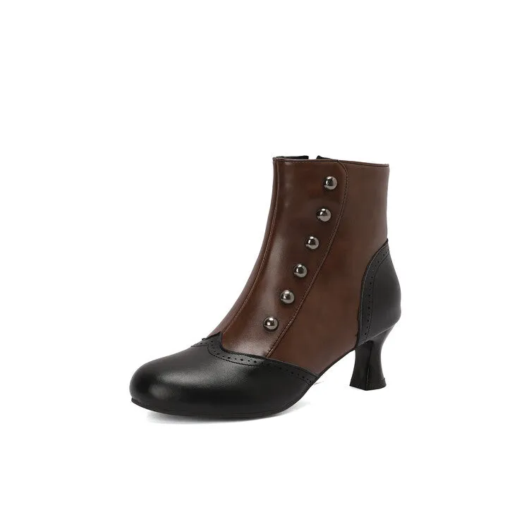 Women's Patchwork Rivets Round Toe Hoof Heel Ankle Boots