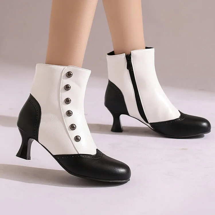 Women's Patchwork Rivets Round Toe Hoof Heel Ankle Boots