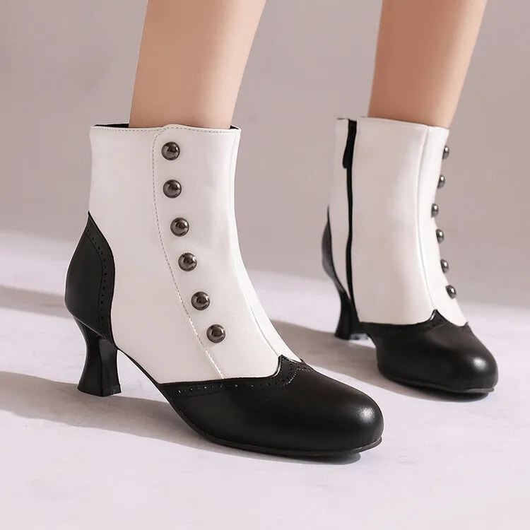 Women's Patchwork Rivets Round Toe Hoof Heel Ankle Boots