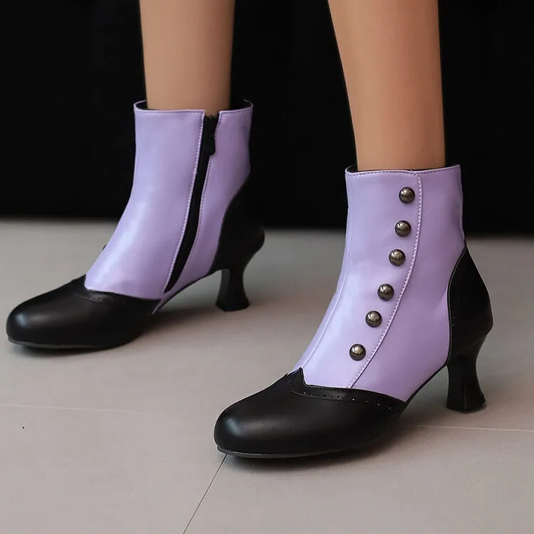 Women's Patchwork Rivets Round Toe Hoof Heel Ankle Boots