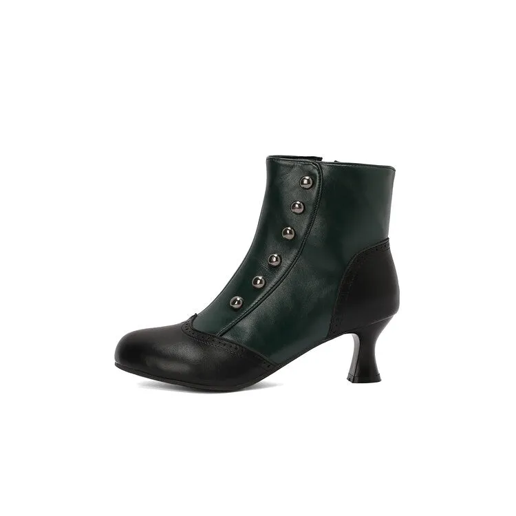 Women's Patchwork Rivets Round Toe Hoof Heel Ankle Boots