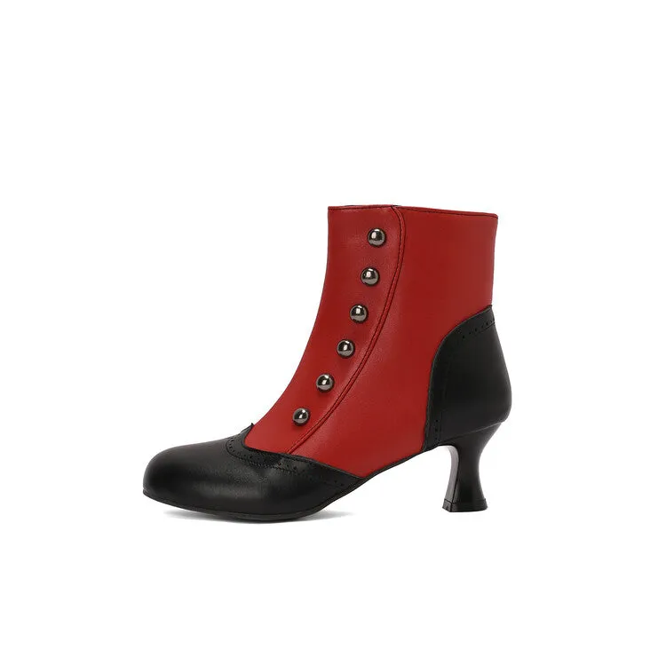 Women's Patchwork Rivets Round Toe Hoof Heel Ankle Boots