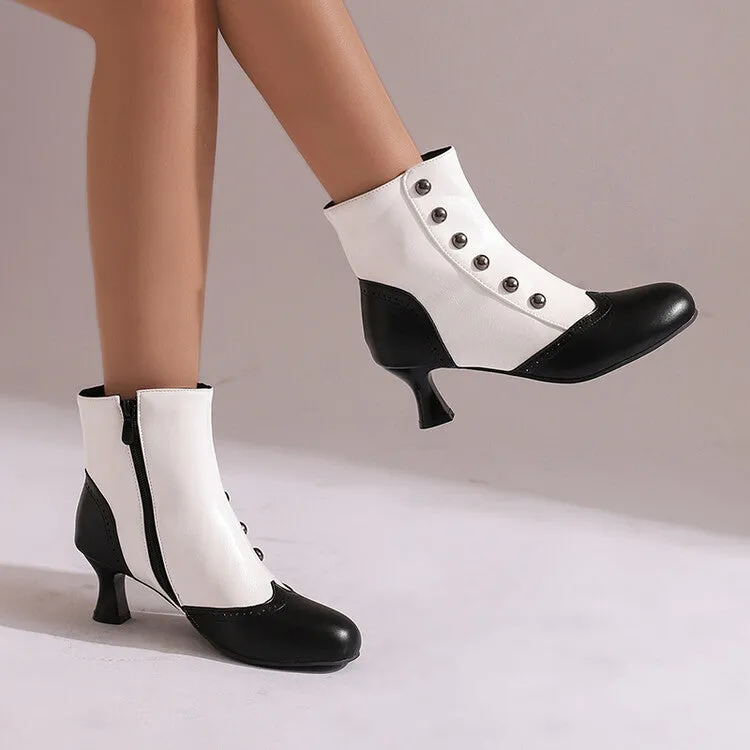 Women's Patchwork Rivets Round Toe Hoof Heel Ankle Boots