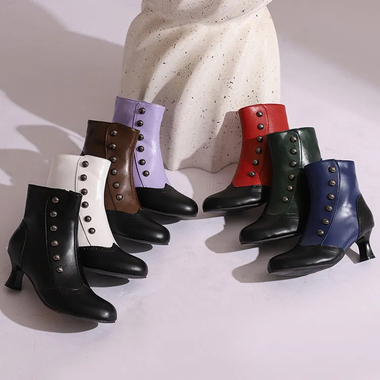 Women's Patchwork Rivets Round Toe Hoof Heel Ankle Boots