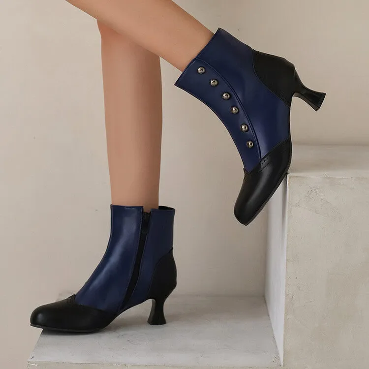 Women's Patchwork Rivets Round Toe Hoof Heel Ankle Boots