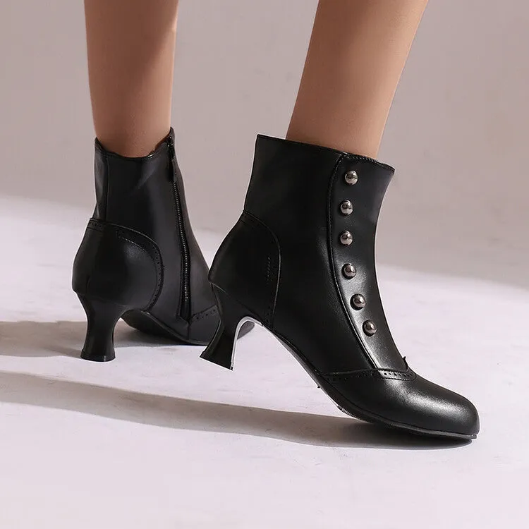 Women's Patchwork Rivets Round Toe Hoof Heel Ankle Boots