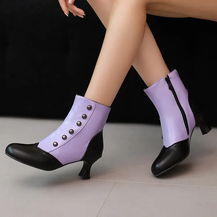 Women's Patchwork Rivets Round Toe Hoof Heel Ankle Boots