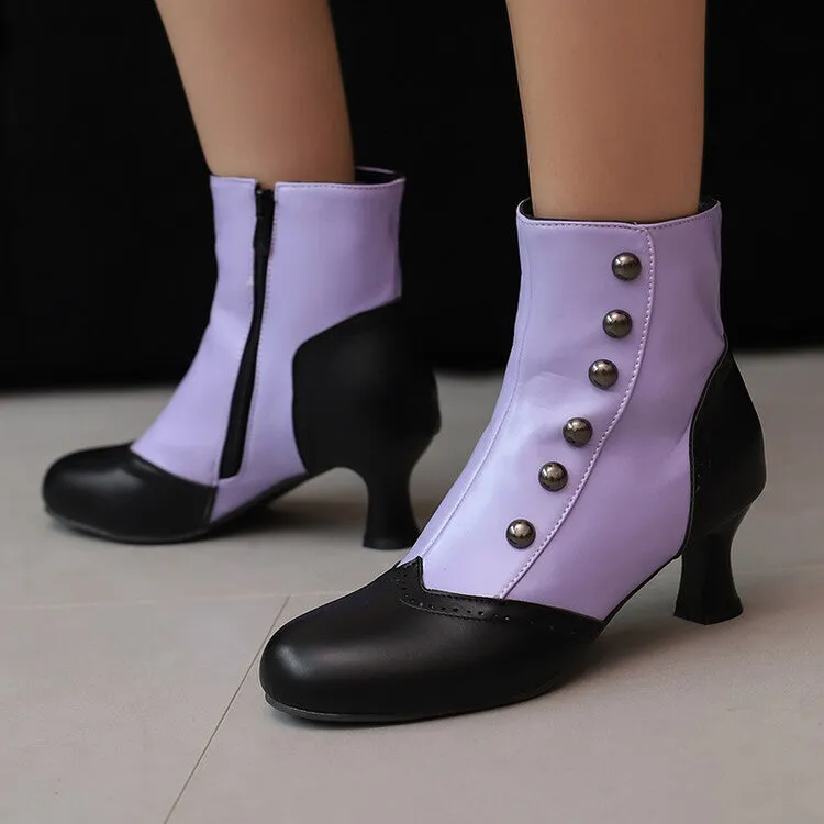 Women's Patchwork Rivets Round Toe Hoof Heel Ankle Boots