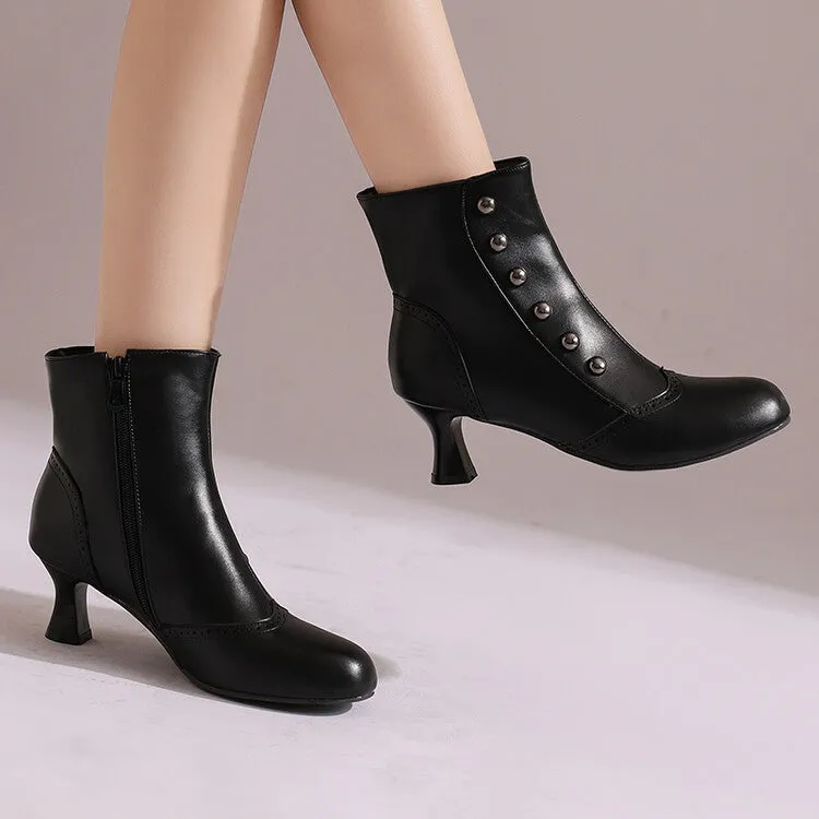 Women's Patchwork Rivets Round Toe Hoof Heel Ankle Boots
