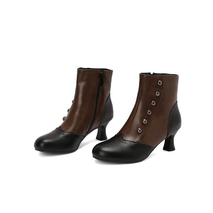 Women's Patchwork Rivets Round Toe Hoof Heel Ankle Boots