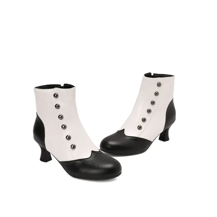 Women's Patchwork Rivets Round Toe Hoof Heel Ankle Boots