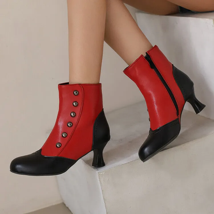 Women's Patchwork Rivets Round Toe Hoof Heel Ankle Boots