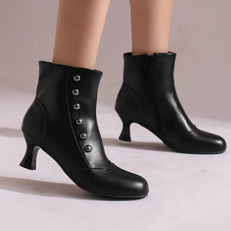 Women's Patchwork Rivets Round Toe Hoof Heel Ankle Boots