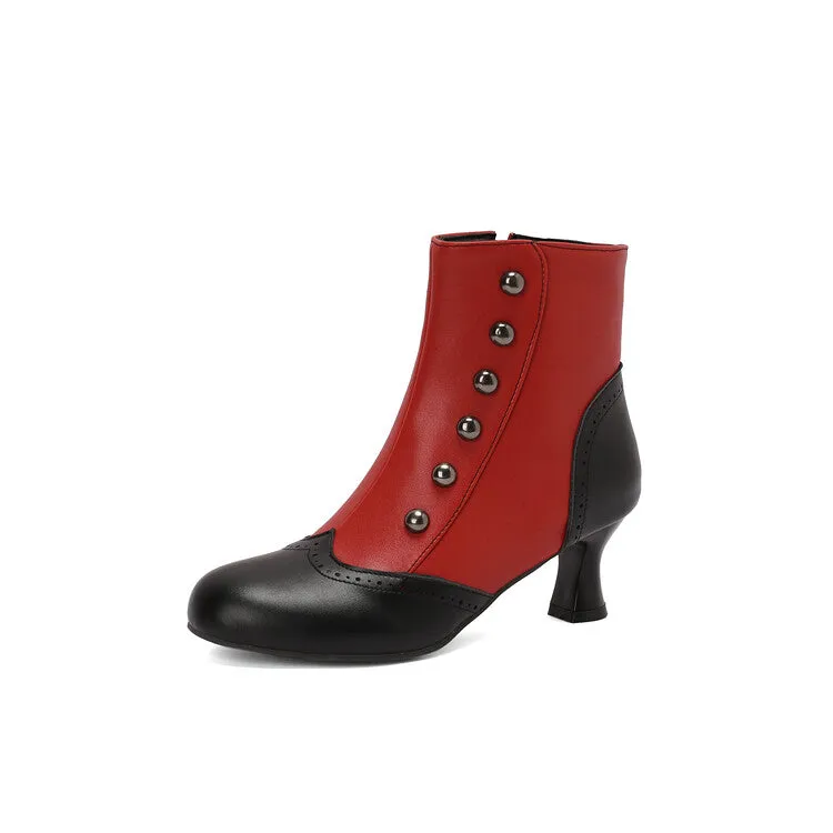 Women's Patchwork Rivets Round Toe Hoof Heel Ankle Boots