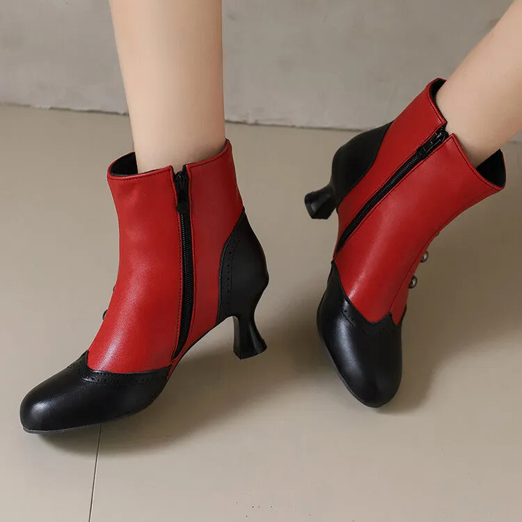 Women's Patchwork Rivets Round Toe Hoof Heel Ankle Boots