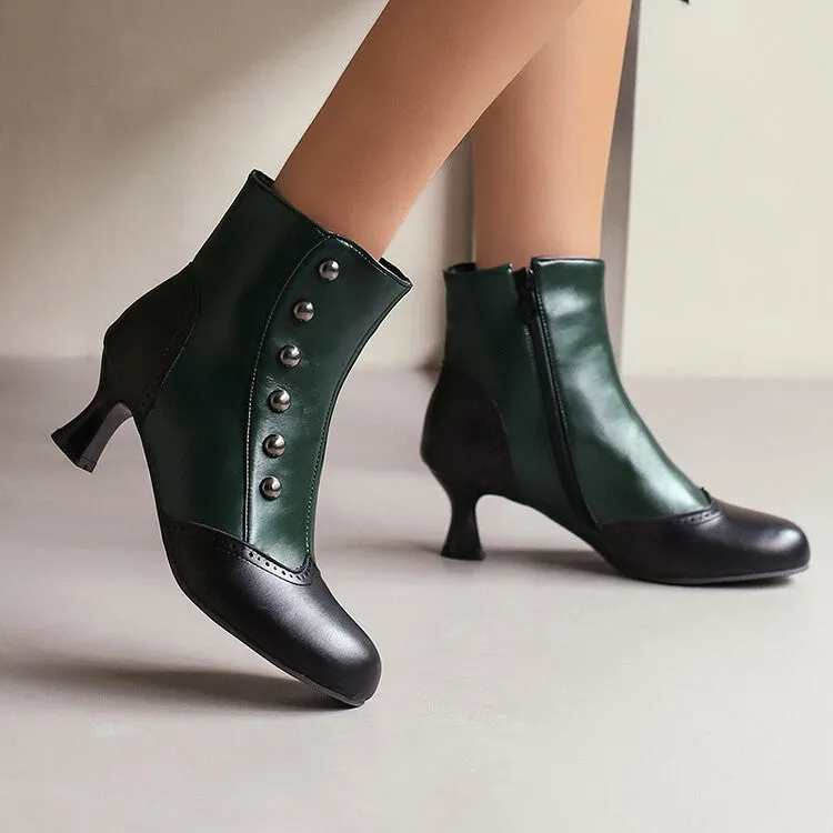 Women's Patchwork Rivets Round Toe Hoof Heel Ankle Boots