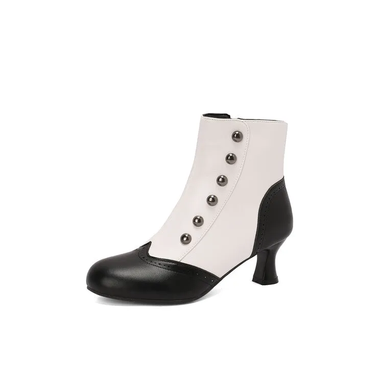 Women's Patchwork Rivets Round Toe Hoof Heel Ankle Boots