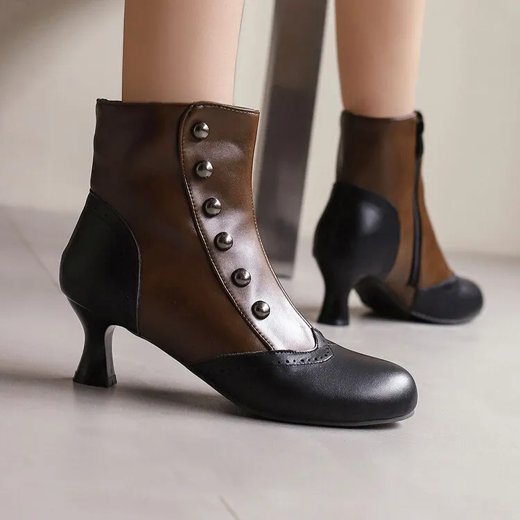 Women's Patchwork Rivets Round Toe Hoof Heel Ankle Boots