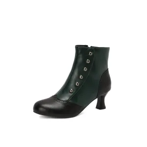 Women's Patchwork Rivets Round Toe Hoof Heel Ankle Boots
