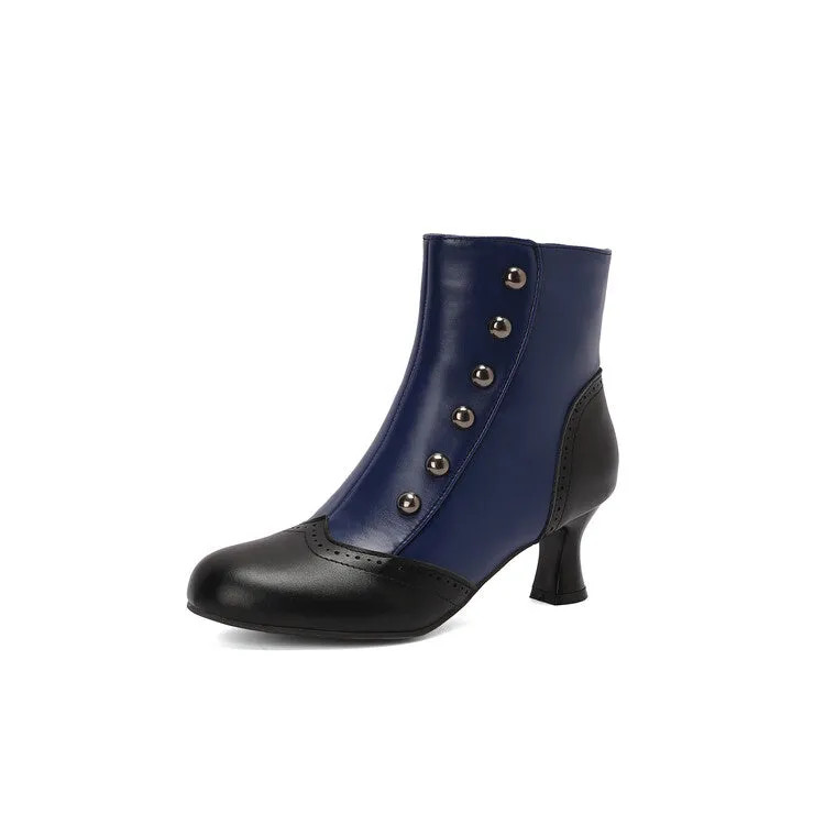 Women's Patchwork Rivets Round Toe Hoof Heel Ankle Boots