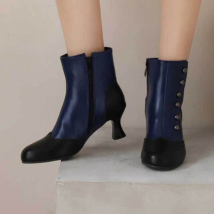Women's Patchwork Rivets Round Toe Hoof Heel Ankle Boots