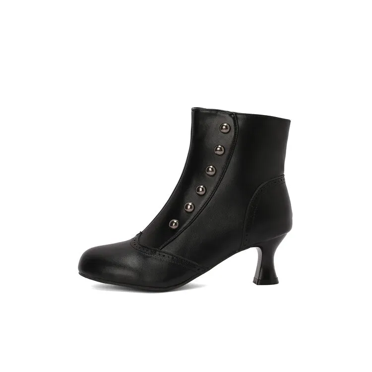Women's Patchwork Rivets Round Toe Hoof Heel Ankle Boots