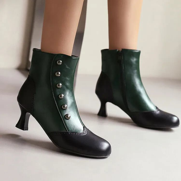 Women's Patchwork Rivets Round Toe Hoof Heel Ankle Boots