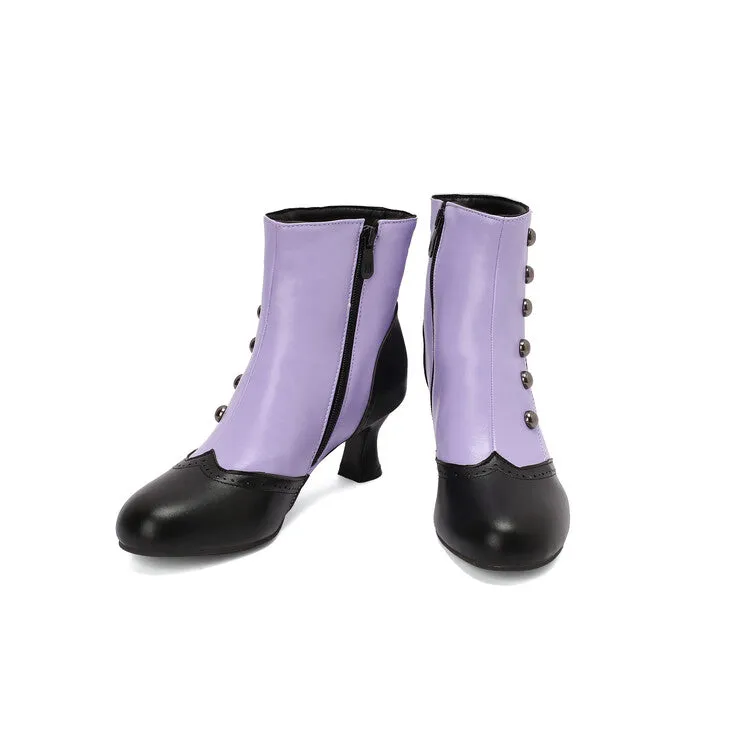 Women's Patchwork Rivets Round Toe Hoof Heel Ankle Boots