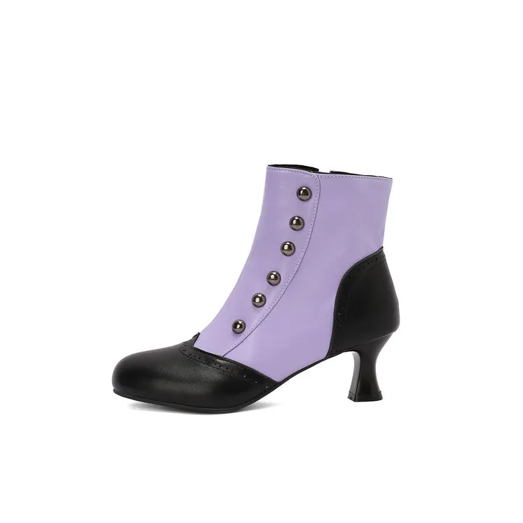 Women's Patchwork Rivets Round Toe Hoof Heel Ankle Boots