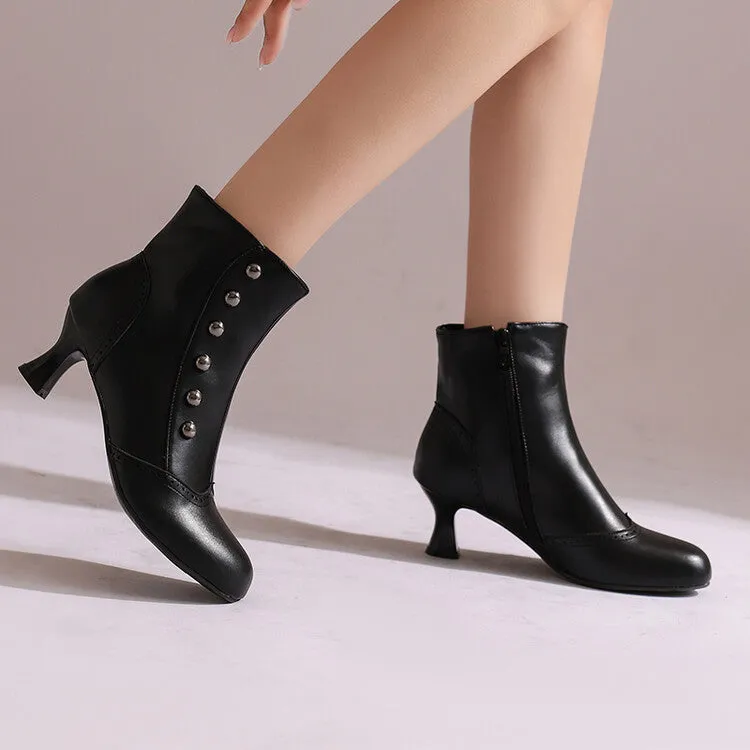 Women's Patchwork Rivets Round Toe Hoof Heel Ankle Boots