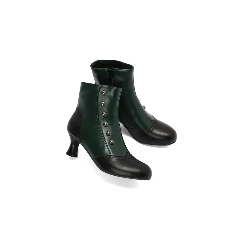 Women's Patchwork Rivets Round Toe Hoof Heel Ankle Boots