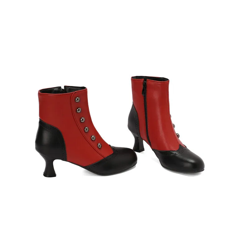 Women's Patchwork Rivets Round Toe Hoof Heel Ankle Boots