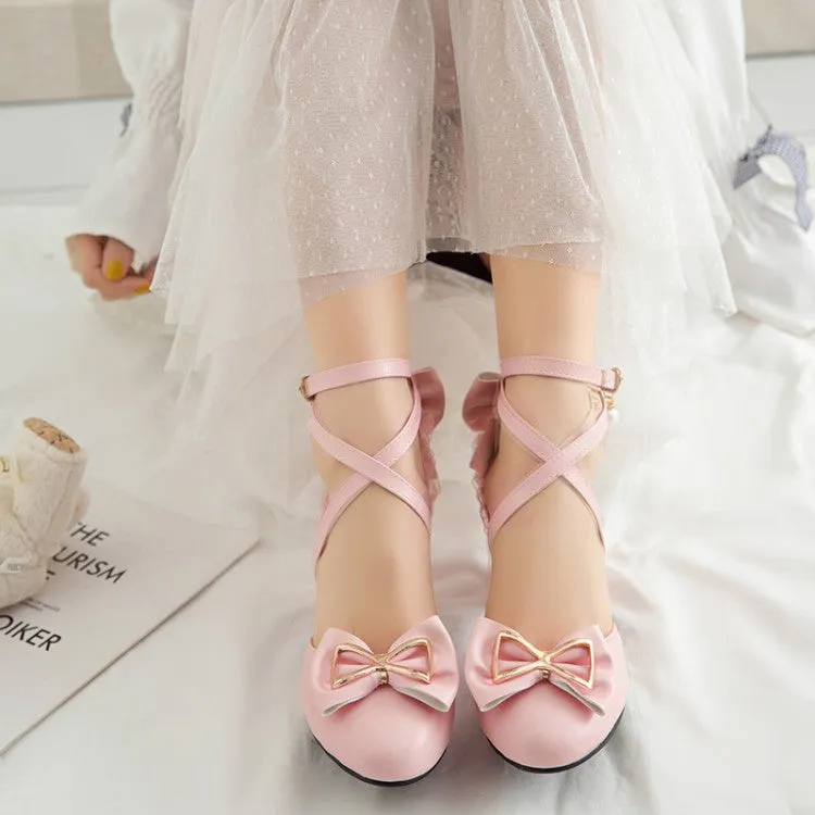 Women's Pearls Sequins Bow Tie Ankle Strap Block Chunky Heel Sandals