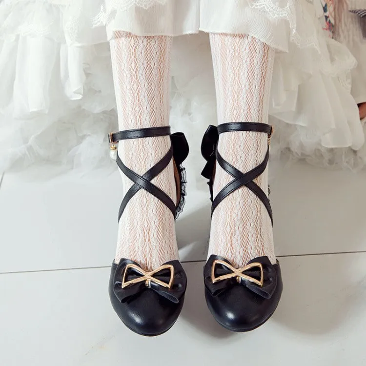 Women's Pearls Sequins Bow Tie Ankle Strap Block Chunky Heel Sandals