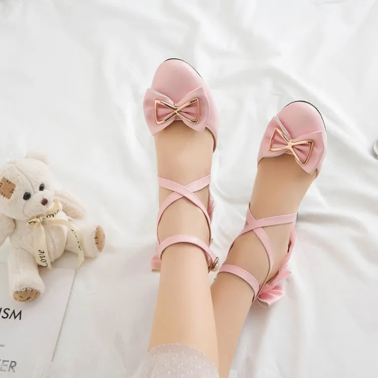Women's Pearls Sequins Bow Tie Ankle Strap Block Chunky Heel Sandals