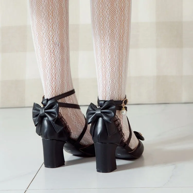 Women's Pearls Sequins Bow Tie Ankle Strap Block Chunky Heel Sandals