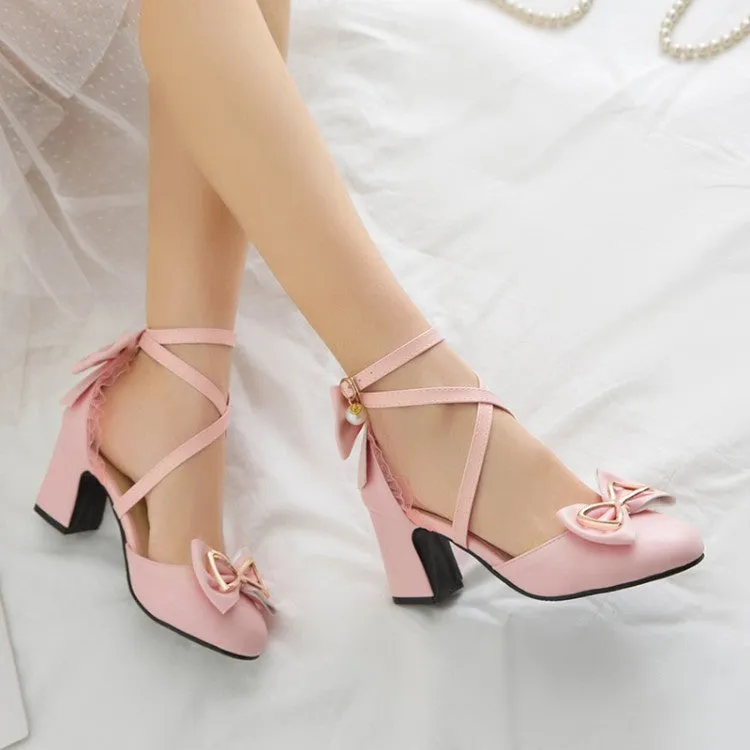 Women's Pearls Sequins Bow Tie Ankle Strap Block Chunky Heel Sandals