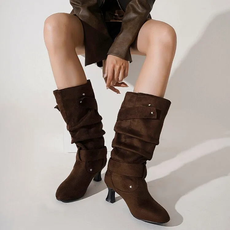 Women's Pleated Rivets High Heel Mid Calf Boots