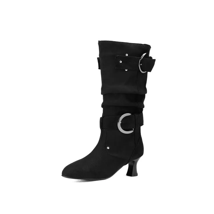 Women's Pleated Rivets High Heel Mid Calf Boots
