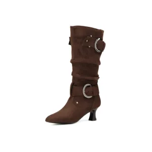 Women's Pleated Rivets High Heel Mid Calf Boots