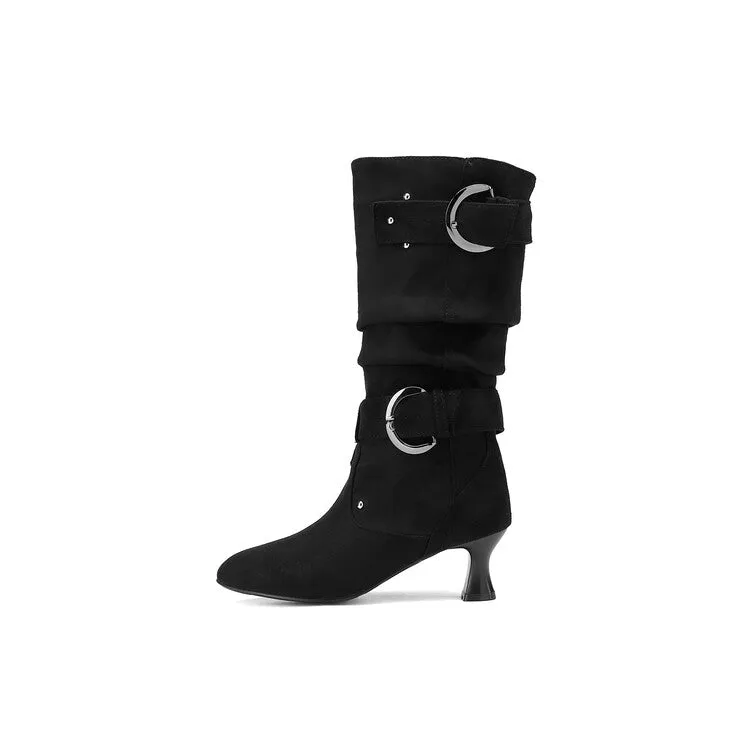 Women's Pleated Rivets High Heel Mid Calf Boots