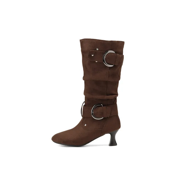 Women's Pleated Rivets High Heel Mid Calf Boots