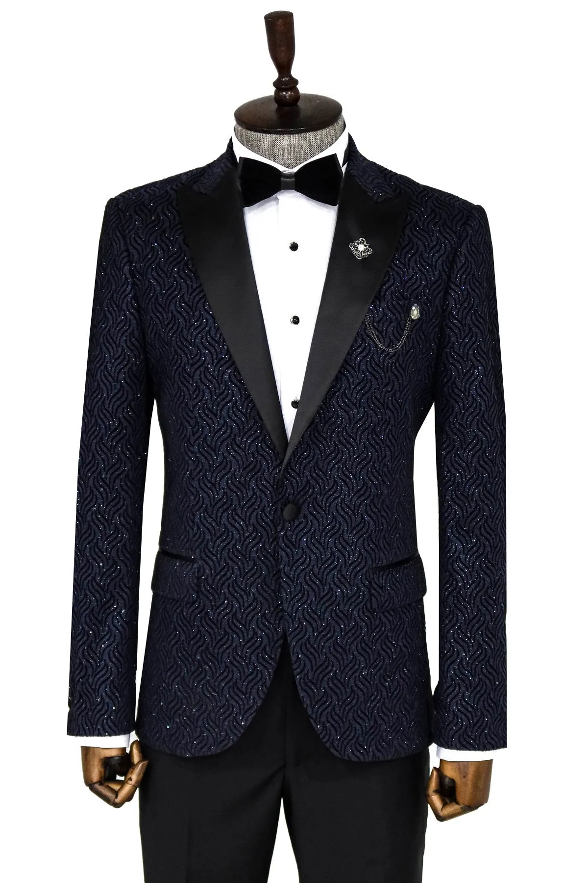 WSS Glitter Shiny Navy Blue Men Prom Blazer  - Singen