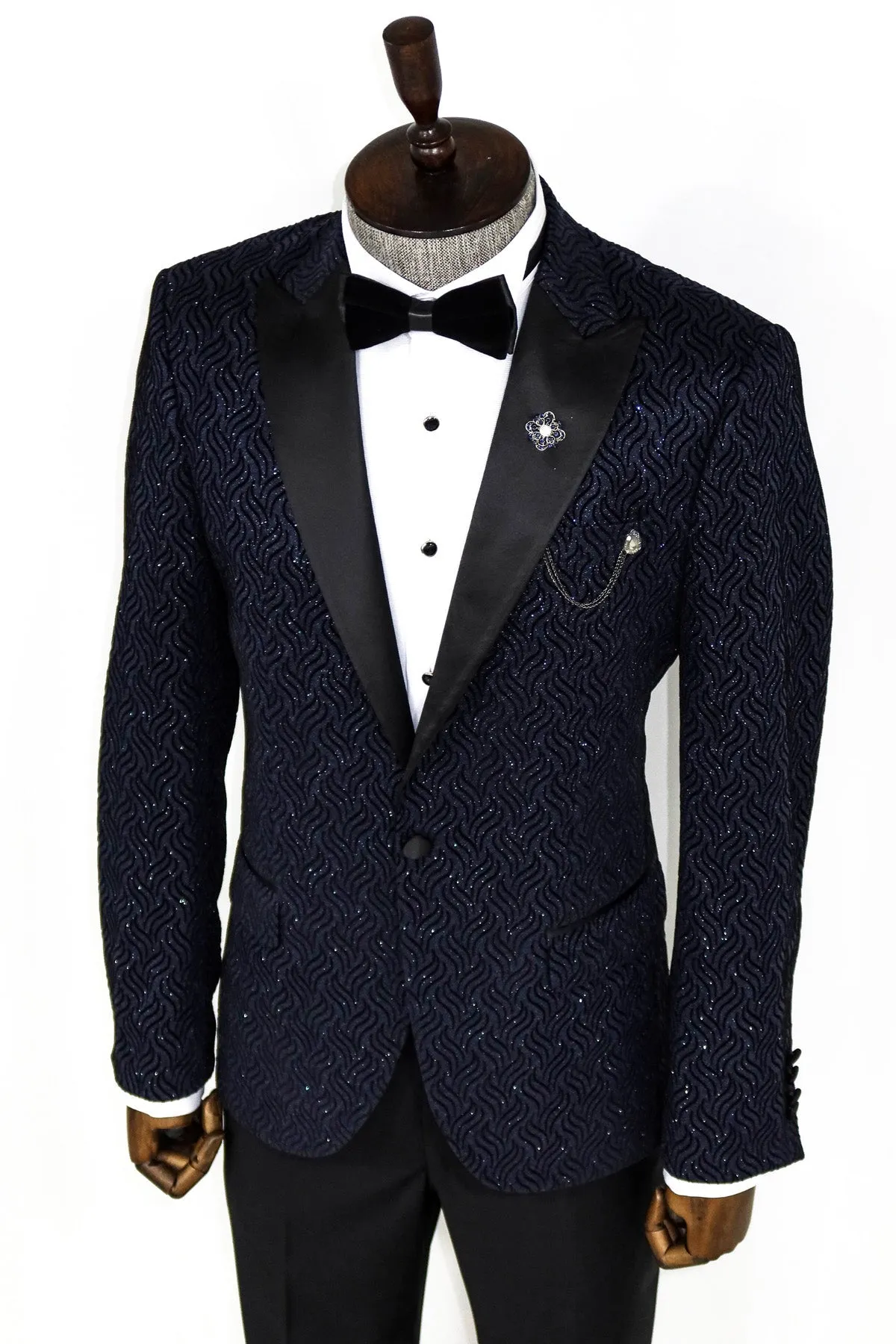 WSS Glitter Shiny Navy Blue Men Prom Blazer  - Singen